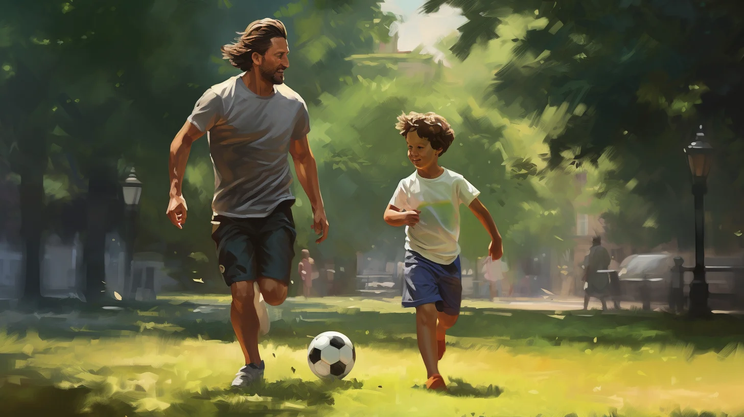 father and son playing soccer